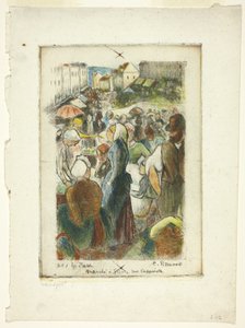 De markt in Gisors; Rue Cappeville door Camille Pissarro