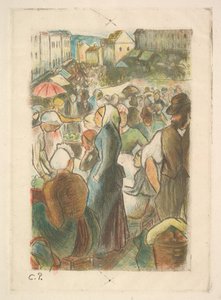 De markt in Gisors: Rue Cappeville door Camille Pissarro