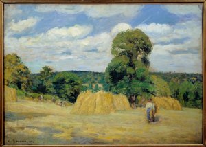 De oogst in Montfoucault in Mayenne door Camille Jacob Pissarro