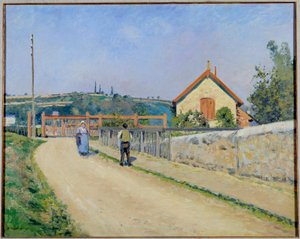 De spoorwegbarrière bij de Patis, nabij Pontoise door Camille Jacob Pissarro