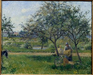De kruiwagen, boomgaard door Camille Jacob Pissarro