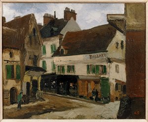 Une place a la Roche-Guyon - dorpsplein in La Roche-Guyon ... (schilderij op doek)