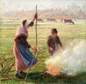 Witte Vorst, vrouw die hout hakt door Camille Jacob Pissarro