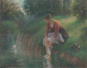Vrouw baadt haar voeten in een beek door Camille Pissarro
