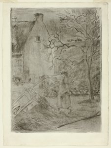 Vrouw die een kruiwagen leegt door Camille Pissarro