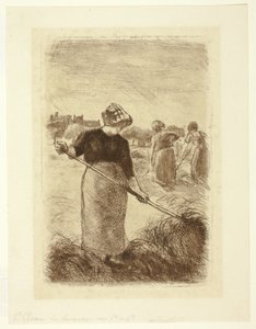 Vrouwen die het hooi gooien door Camille Pissarro