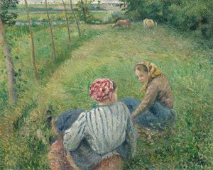 Jonge Boerenmeisjes Rustend in de Velden bij Pontoise door Camille Pissarro