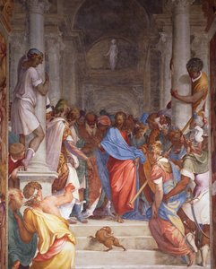 Overspelige vrouw voor Christus, fresco in het priesterkoor van de kerk van San Sigismondo, Cremona, Italië