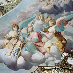 Detail van engel muzikanten van het gewelf van het koor