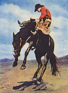 Cowboy rijdt op een bronco (gekleurde foto)