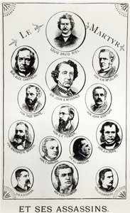 Louis Riel (1844-85) en zijn moordenaars, illustratie uit Le Gibet de Regina, gepubliceerd 1886 door Canadian School