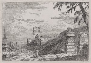 Landschap met Toren en Twee Verwoeste Zuilen, uit de serie Vedute (Gezichten) door Canaletto (Giovanni Antonio Canal)