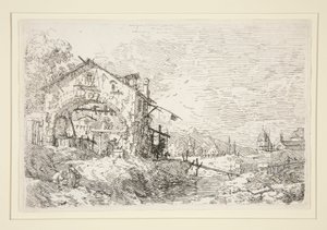 Landschap met een vrouw bij een put, uit de serie Vedute (Gezichten) door Canaletto (Giovanni Antonio Canal)