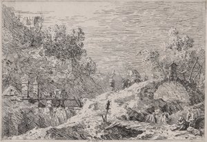 Berglandschap met vijf bruggen, uit de serie Vedute (Gezichten) door Canaletto (Giovanni Antonio Canal)
