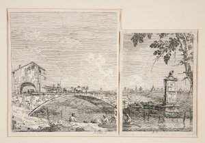 De wagen die over een brug gaat, Het kleine monument (onder een boom), uit de serie Vedute (Gezichten)