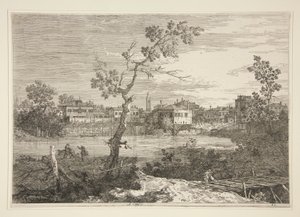 Gezicht op een Stad aan een Rivieroever, uit de serie Vedute (Gezichten) door Canaletto (Giovanni Antonio Canal)