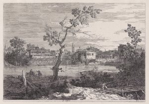 Gezicht op een stad aan een rivier, uit de serie Vedute (Gezichten) door Canaletto (Giovanni Antonio Canal)