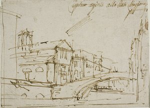 Een brug bij een kerk in Venetië door Canaletto