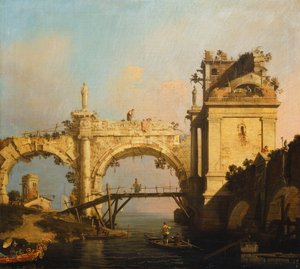 Een Capriccio van een verwoeste Renaissance Arcade en Paviljoen bij een waterweg overgestoken door een houten voetbrug, een Oriëntaal in een exotisch versierde boot op de voorgrond