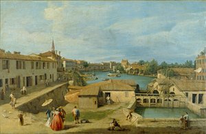 Een uitzicht op Dolo aan het Brenta-kanaal, ca. 1725-1729 door Canaletto