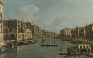 Duits: Der Canal Grande mit Blick in südöstlicher Richtung auf die Rialtobrücke Het Canal Grande met uitzicht in zuidoostelijke richting op de Rialtobrug door Canaletto