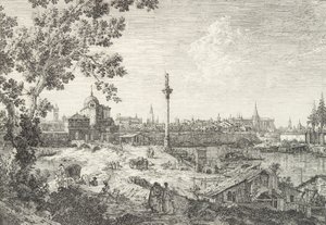 Denkbeeldig uitzicht op Padua, met een campanile en koepelkerk links, een kolom met beeld bovenop, 1735-46 door Canaletto