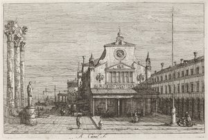 Denkbeeldig Uitzicht op S. Giacomo di Rialto [rechtsboven] door Canaletto