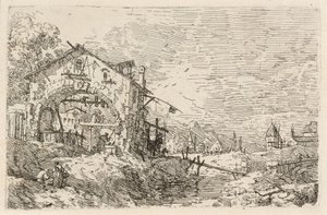Landschap met een vrouw bij een put door Canaletto