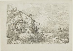 Landschap met een vrouw bij een put, uit Vedute door Canaletto