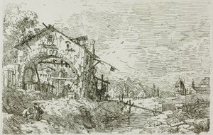 Landschap met een vrouw bij een put, uit Vedute door Canaletto