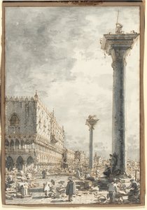 De Riva degli Schiavoni gezien vanaf de markt bij de pier door Canaletto
