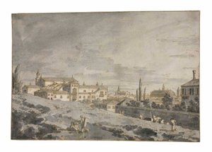 Uitzicht op Padua van buiten de stadsmuren met de kerk van San Francesco