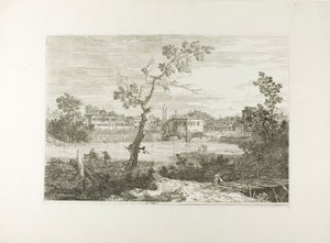 Uitzicht op een stad aan een rivier, uit Vedute door Canaletto