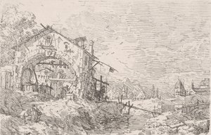 Vrouw die water uit een put haalt onder een arcade links, met een landschap rechts door Canaletto