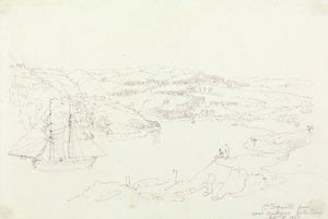 Saint Dogmaels vanuit Cardigan aan de Teifi, 8 september 1847 door Capt. Thomas Hastings