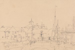 Schets van zeilboten aangemeerd naast een dorp door Capt. Thomas Hastings