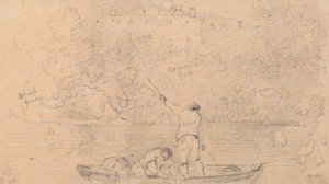 Schets van Twee Mannen in een Boot en een Huis aan de Oever door Capt. Thomas Hastings