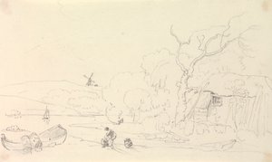 Schets van een huisje bij de rivier met een windmolen in de verte