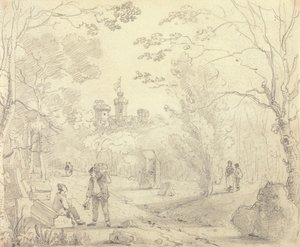 Schets van een Parkscène met East Cowes Castle in de Verte, Isle of Wight