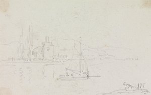 Schets van een zeilboot en een gebouw aan de kust