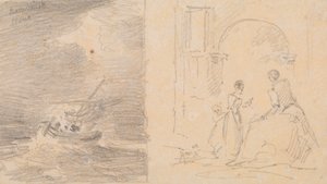 Schets van een schip in een storm en schets van een familie bij een boog door Capt. Thomas Hastings