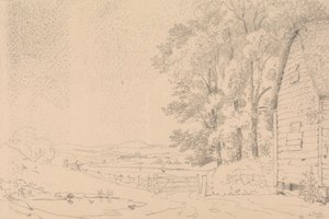 Schets van een gebouw met rieten dak en een rivier daarachter