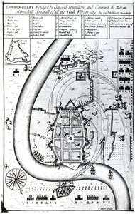 Londonderry belegerd door generaal Hamilton en Conrad de Rosen, gegraveerd door J. Sturt, 1689 door Captain Archibald Maculloch