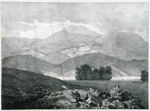 Uitzicht op een deel van het meer en huisjes in Ottacamund, Neelgherry Mountains, plaat 3 uit View of the Neilgherries, or Blue Mountains of Coimbetoor, Southern India door Captain McCurdy, gepubliceerd in 1830 door Captain E. A. after McCurdy