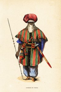 Adellijke Toeareg krijger van Agadez, Niger, in tagelmust (tulband en sluier), taktkat (hemd) en akarbey (broek) door Captain George Francis (after) Lyon