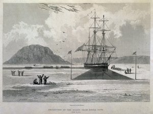 Vertrek van de boten uit Hecla Cove, 21 juni 1827, uit Journal of a Third Voyage for the Discovery of a North West Passage door Captain George Francis Lyon