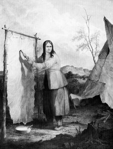 Indiase vrouw die een hertenhuid bewerkt, 1868