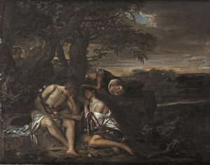 Een slapend paar, ontdekt door drie vrouwen in een Arcadisch landschap door Carel De Moor II (attr. to)