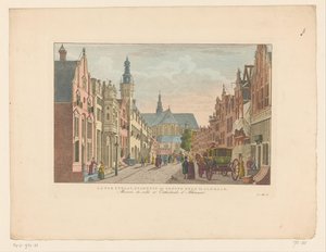 Gezicht op de Langestraat, het Stadhuis en de Grote Kerk te Alkmaar door Carel Frederik Bendorp (I)
