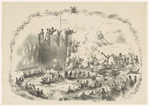 Spotprent op de plannen van Thorbecke om de Utrechtse Hogeschool op te heffen, 1863 door Carel Hendrik Thiebout